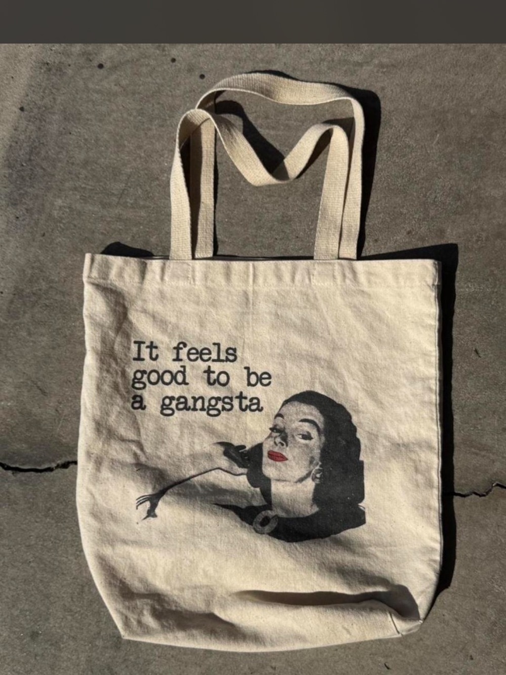 Cream Canvas Tote with Retro Graphic and Red Lip Accent